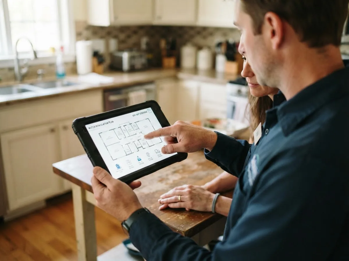 Water damage restoration technician inspecting a home in Clarksville, IN